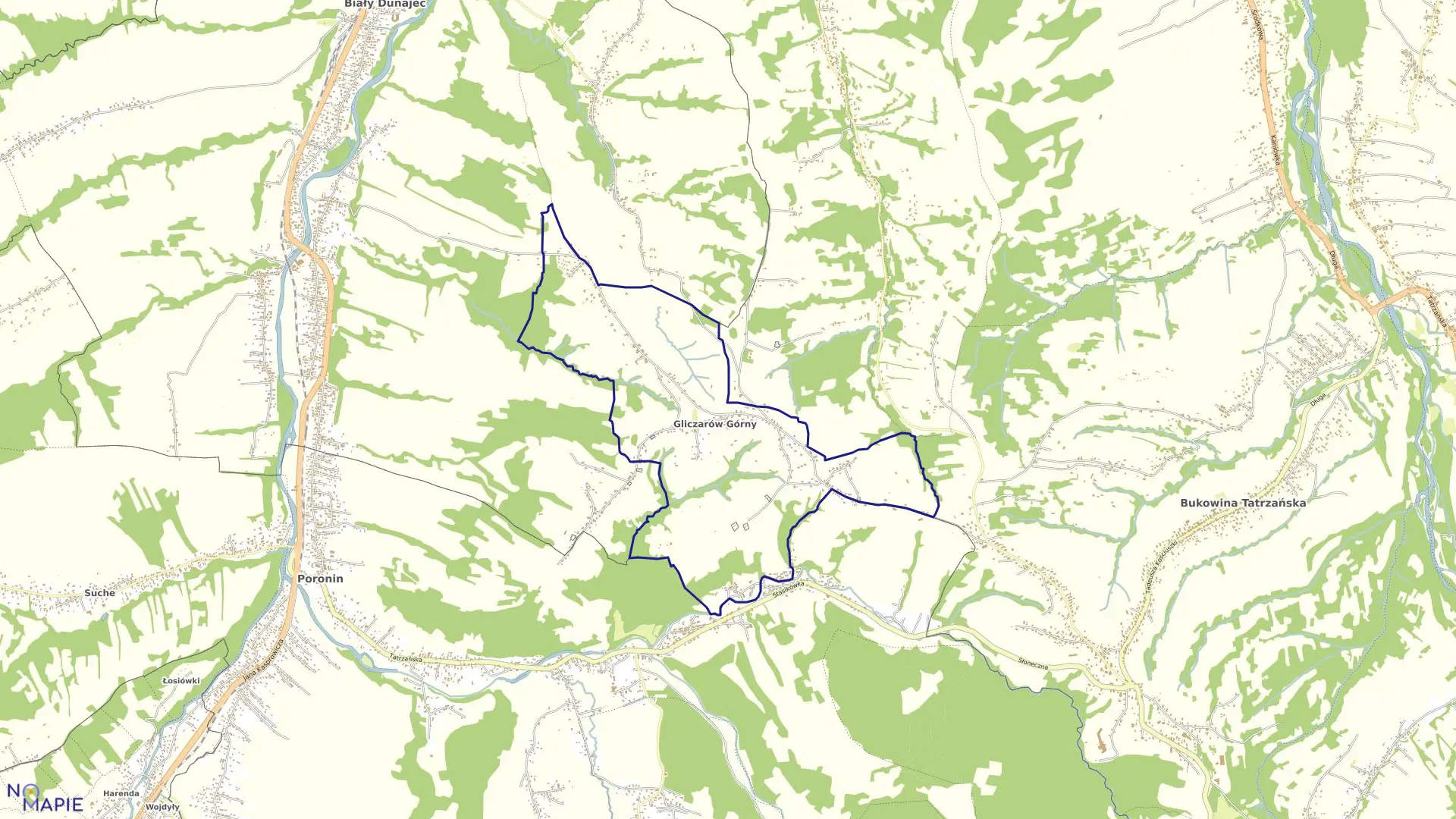 Mapa obrębu Gliczarów Górny w gminie Biały Dunajec